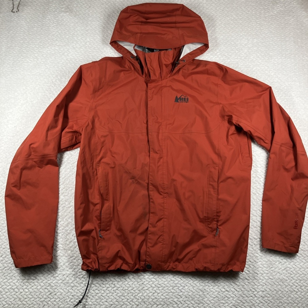 REI CO-OP Mens L Peak 2.5L Orange Hooded Rain Jacket Pit Zip Vents Waterproof